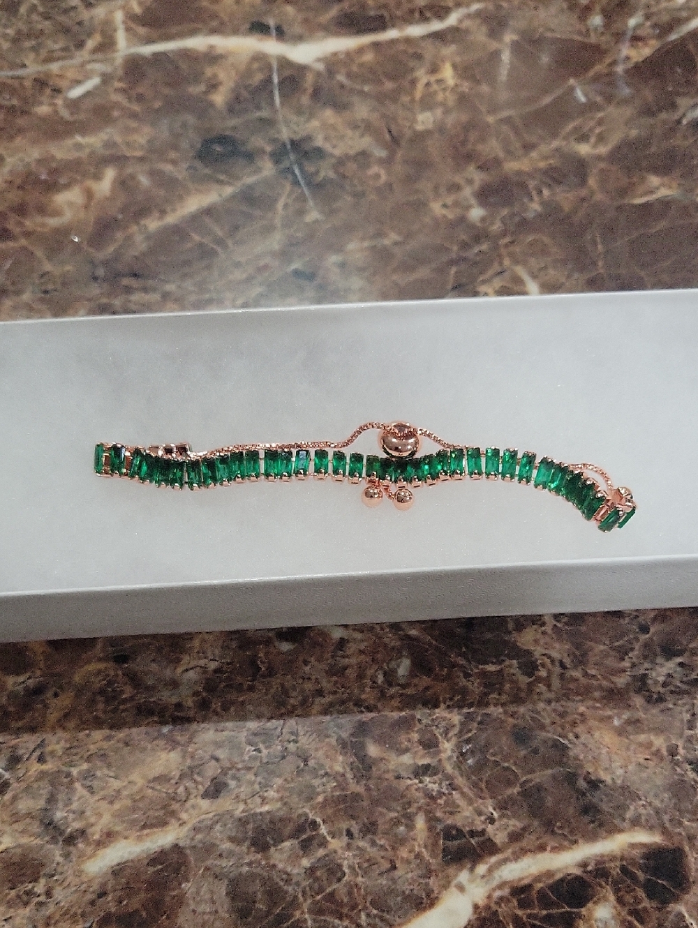 Rose Gold Bracelet with Emerald Green Baguette Stones - Women Jewelry